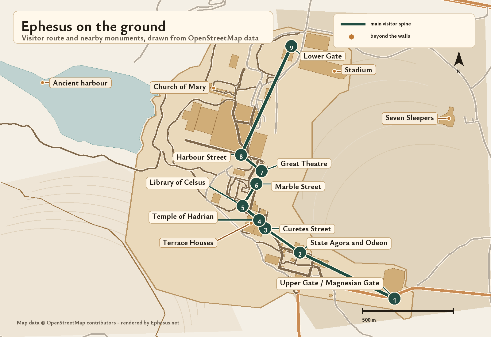 Map of the Ephesus archaeological site showing the route from the Upper Gate along Curetes Street to the Library of Celsus, Great Theatre, Harbour Street and Lower Gate.
