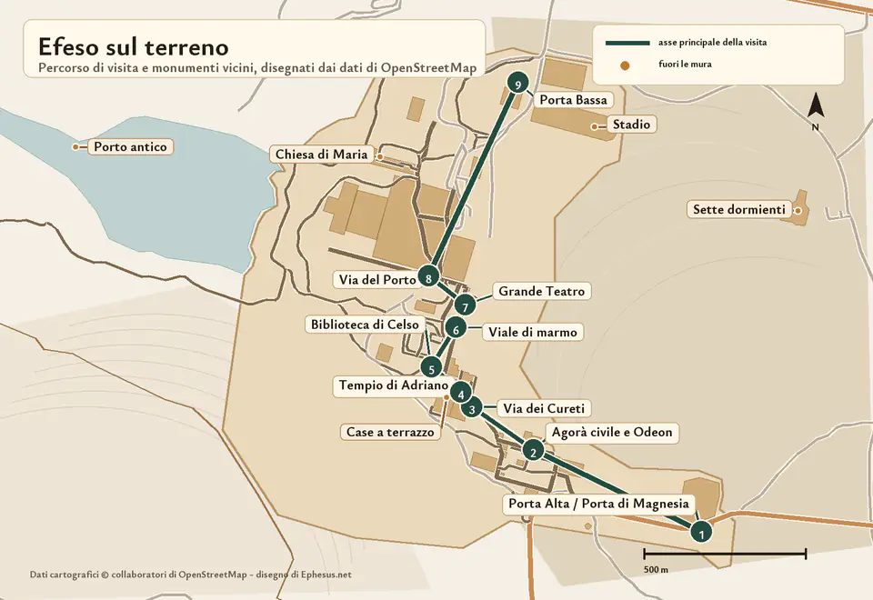 Mappa del sito archeologico di Efeso con il percorso dalla Porta Alta lungo la via dei Cureti fino alla Biblioteca di Celso, al Grande Teatro, alla via del Porto e alla Porta Bassa.