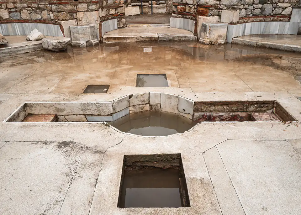 The cross-shaped baptismal pool in the baptistery of the Basilica of St John