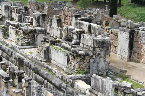 The ruined stage-building foundations of the Great Theatre seen from above