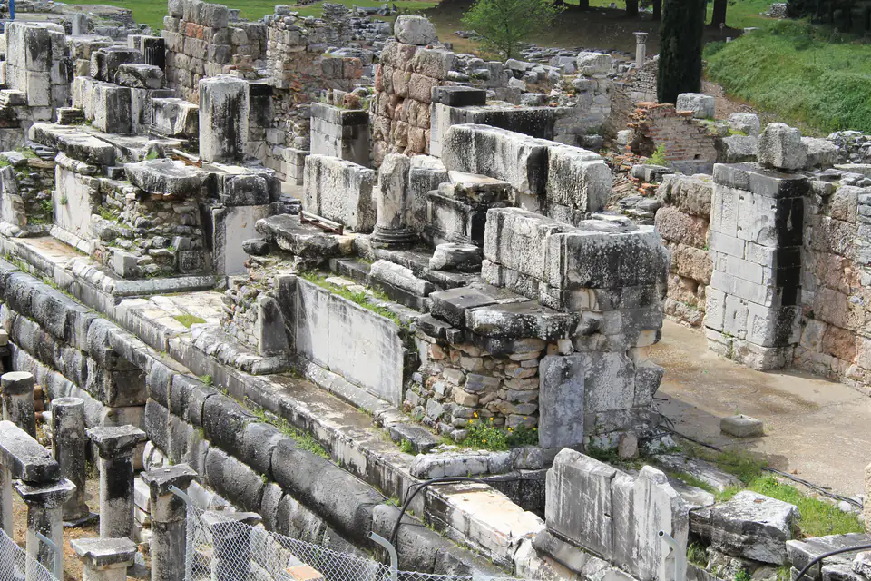The ruined stage-building foundations of the Great Theatre seen from above