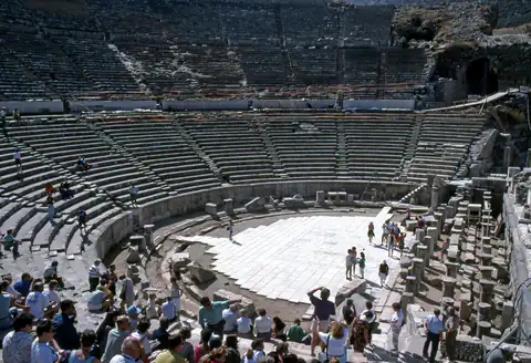 Visitors in the orchestra and curved seating of the Great Theatre