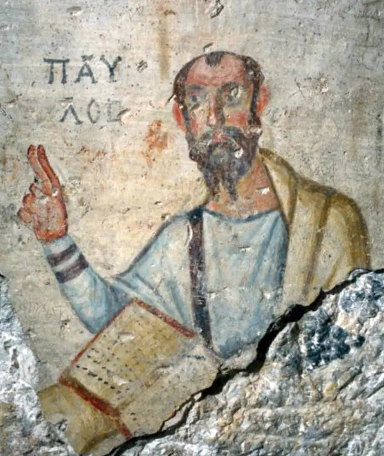Wall painting of St Paul, labelled ΠΑΥΛΟΣ, raising his hand and holding a book, Grotto of St Paul
