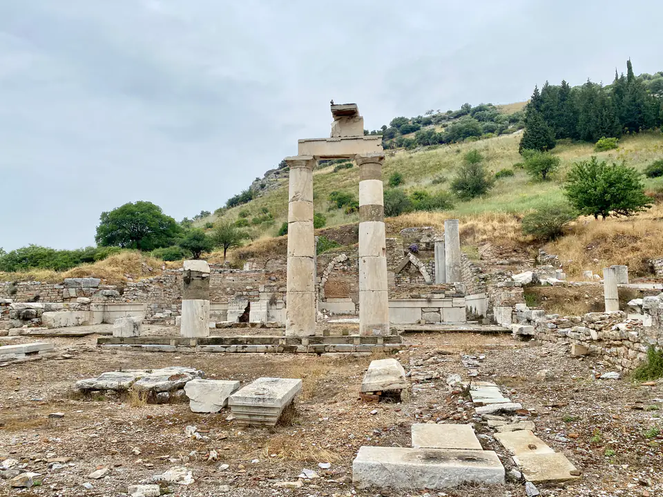 The two re-erected columns of the Prytaneion among foundations