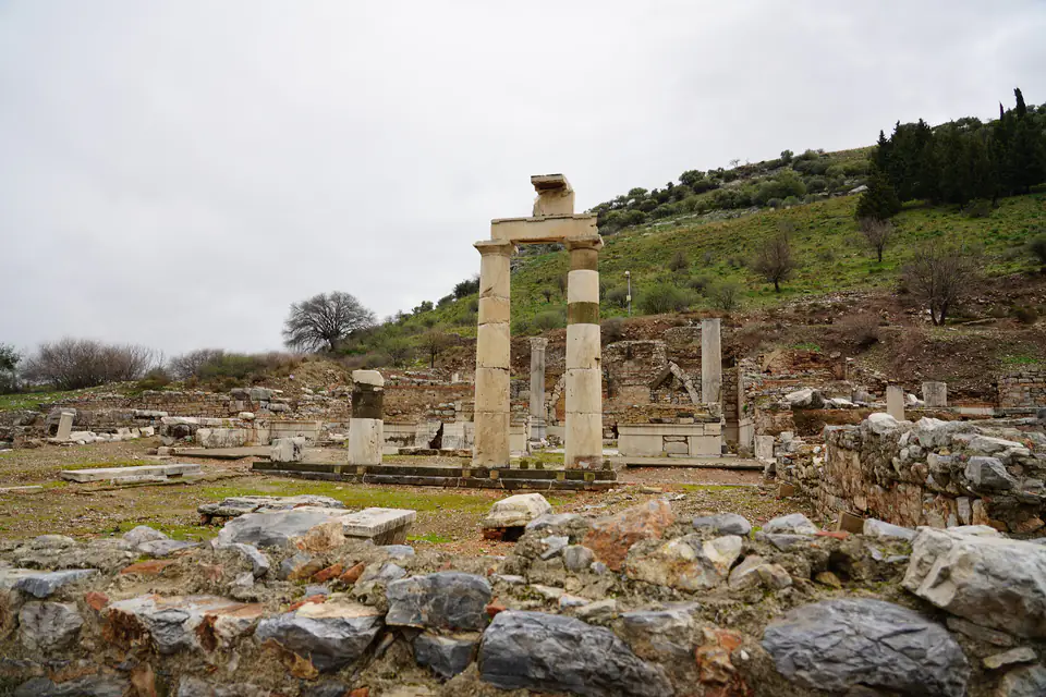 Detail of column and entablature stonework at the Prytaneion