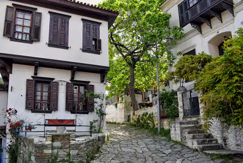 A cobbled lane between white houses with dark wooden shutters in Şirince