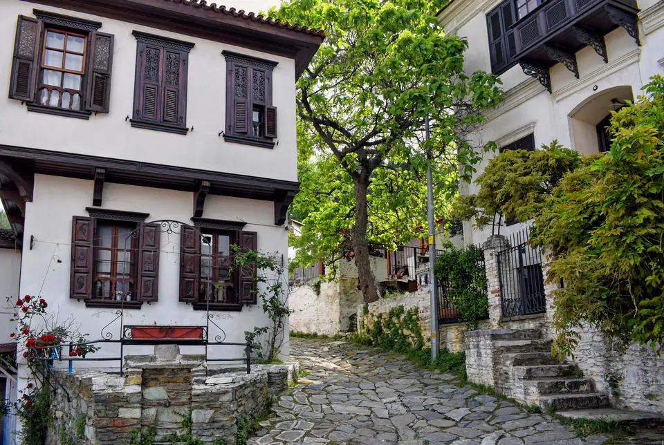 A cobbled lane between white houses with dark wooden shutters in Şirince