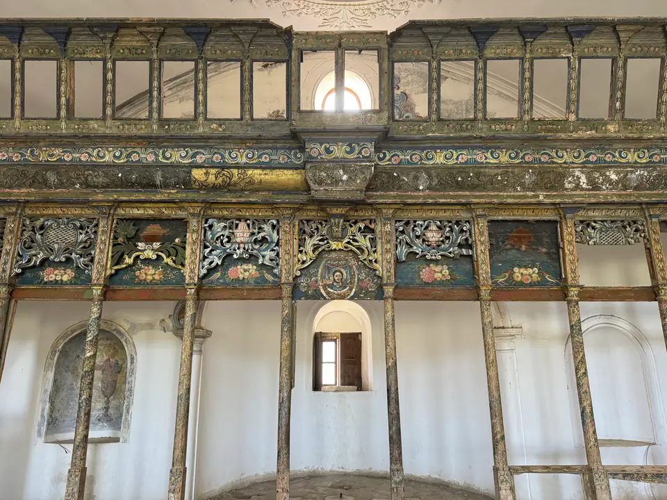 A painted wooden gallery inside the former Greek church of St John the Baptist, Şirince
