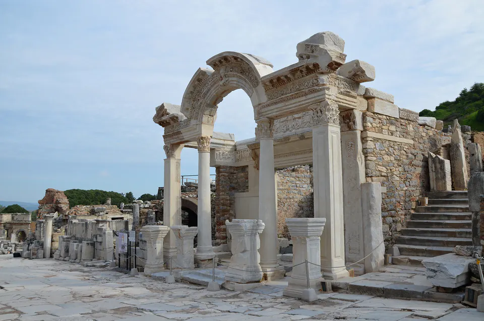 The re-erected Temple of Hadrian seen from the side along Curetes Street