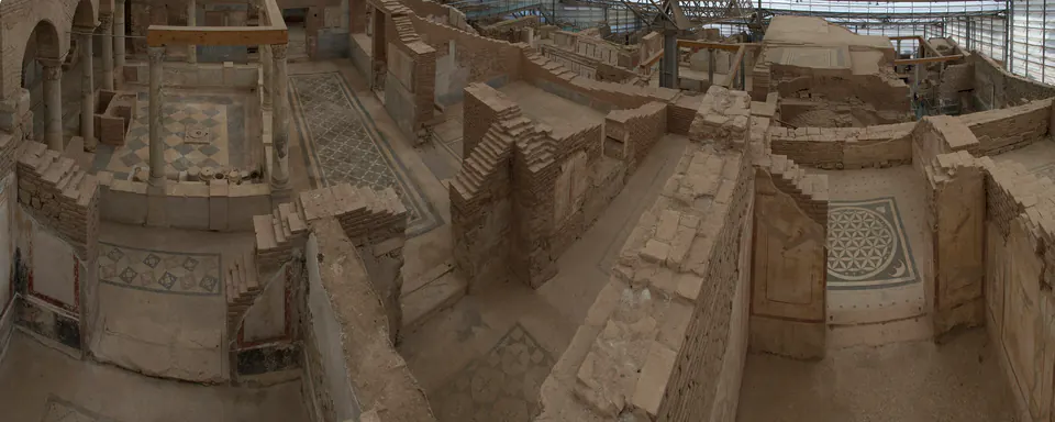 Marble-lined walls and rooms in the Terrace Houses beneath the protective roof
