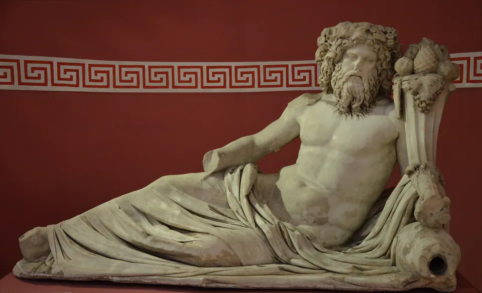 Reclining marble statue of the river god Kaystros with a cornucopia, from the Vedius Gymnasium at Ephesus